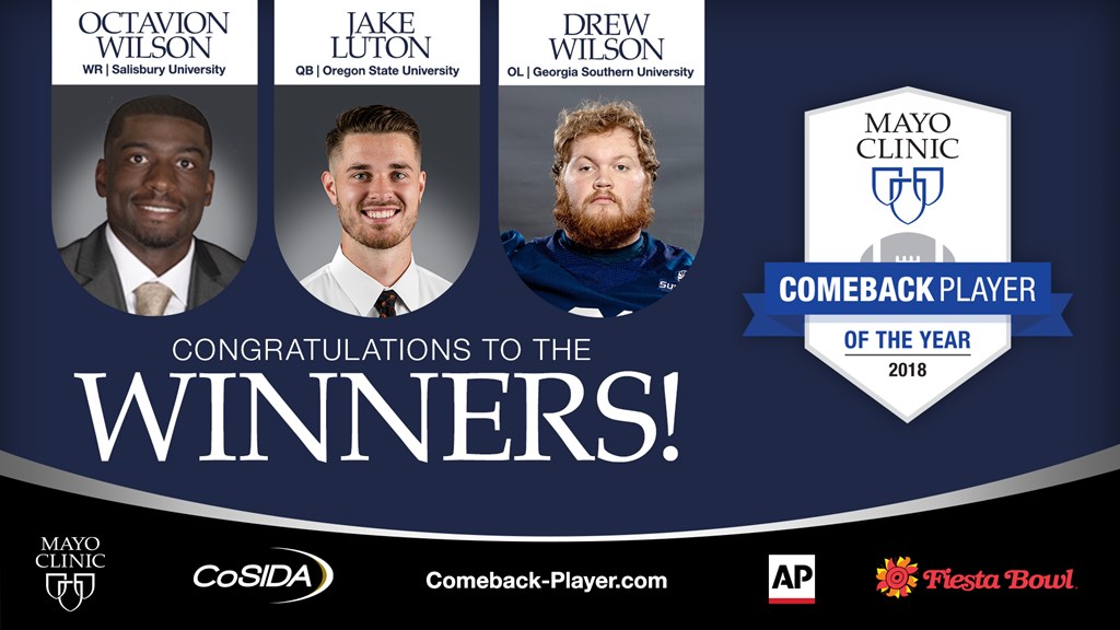 Jake Luton of Oregon State, Drew Wilson of Georgia Southern and Octavion Wilson of Salisbury Named 2019 Mayo Clinic Comeback Player of the Year Award Winners